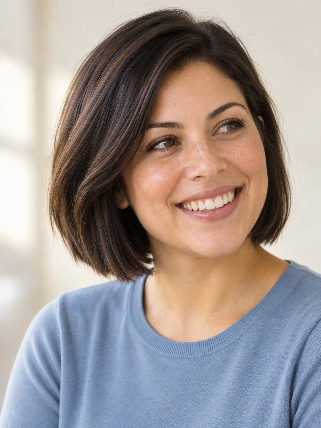 AI-generated illustrative portrait of a smiling woman.
