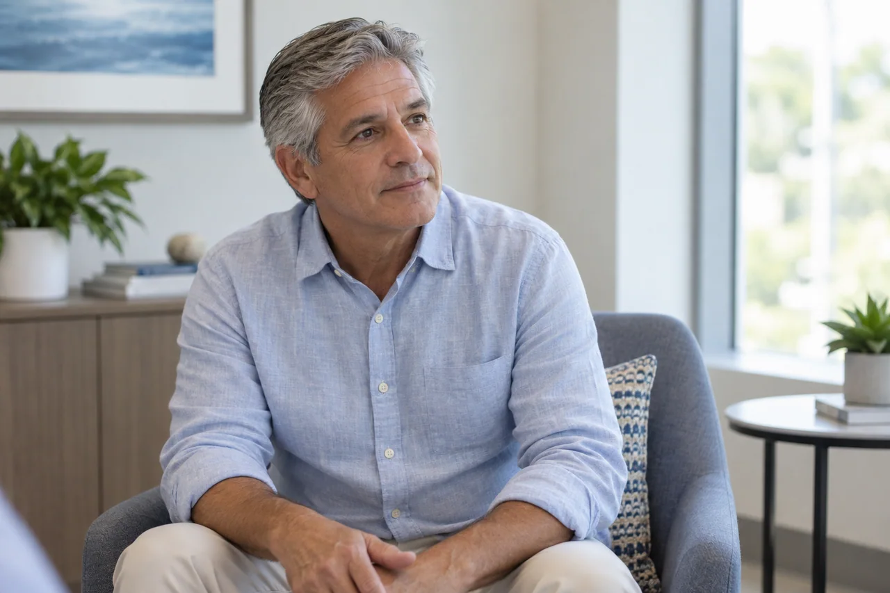 Illustrated adult considering options at a dental consultation.