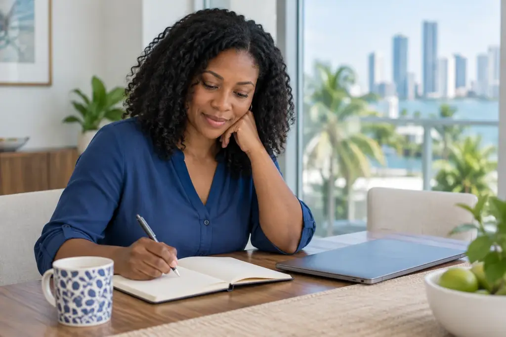 Illustrated adult writing questions before a dental visit.