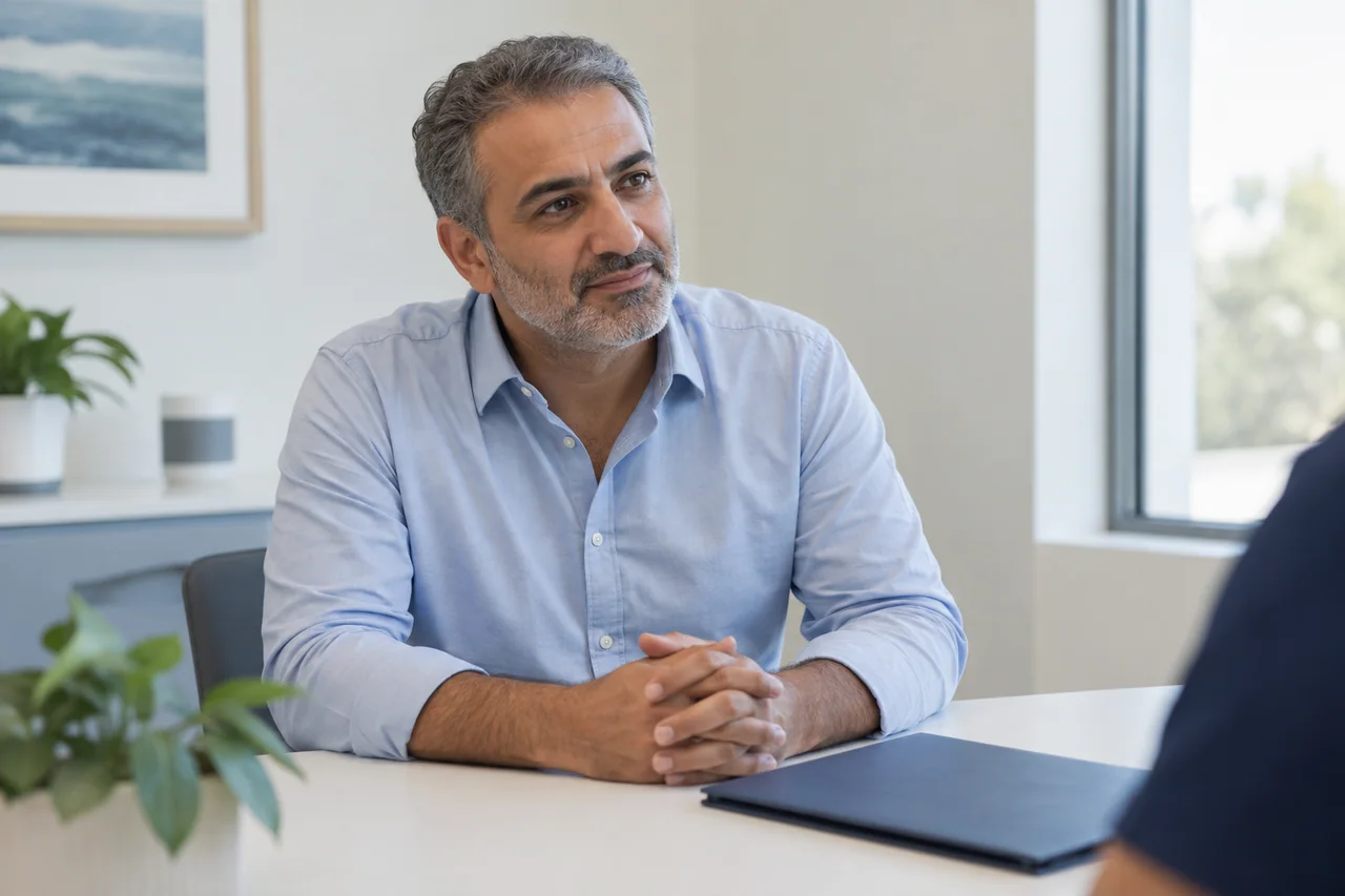 Illustrated adult discussing questions about a tooth repair.