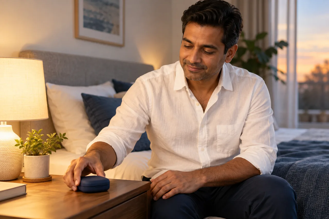 Fictional adult placing a closed retainer case on a bedside table.