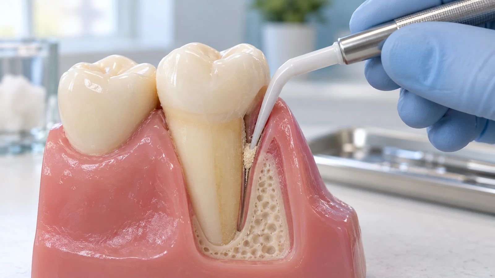 Modelo educativo que muestra la administración local de un antibiótico en una bolsa periodontal.