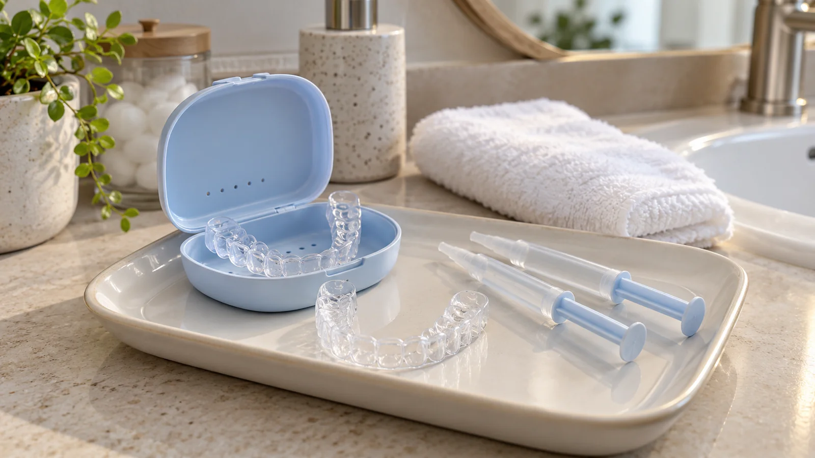 Cubetas transparentes de blanqueamiento personalizadas, estuche azul claro y aplicadores de gel sobre una encimera de baño limpia.