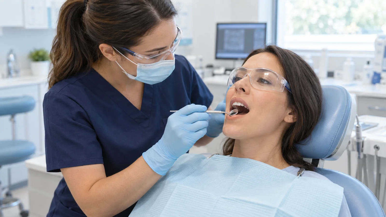 Ilustración de un examen dental integral con un espejo dental.