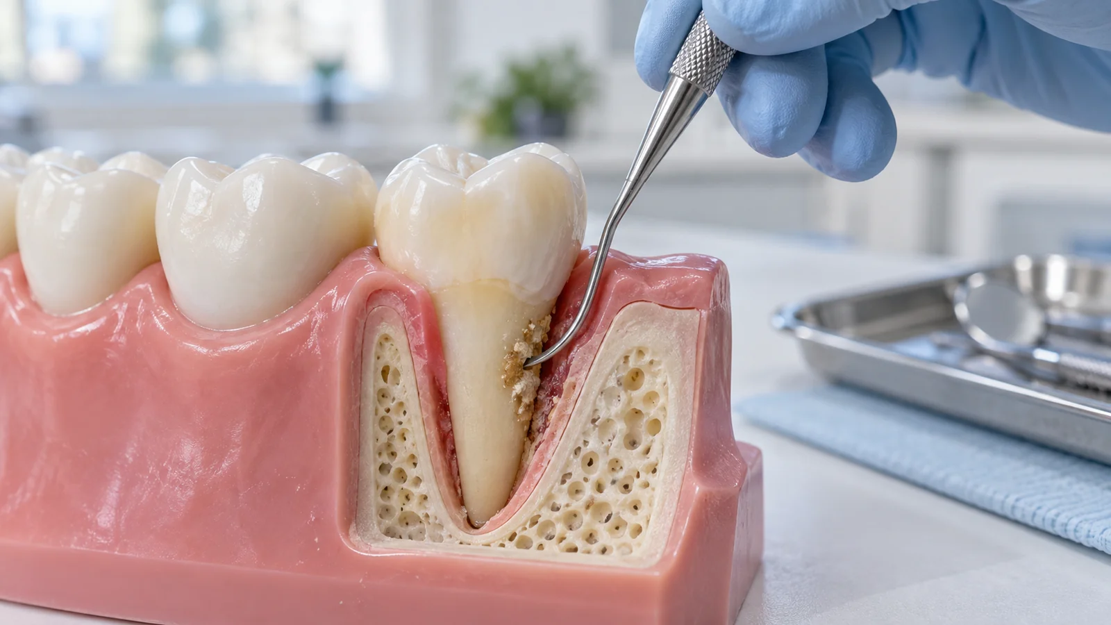 Modelo dental en corte que muestra la limpieza de la raíz debajo de la línea de las encías.