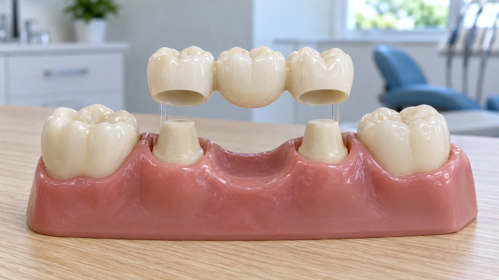Illustrative three-unit dental bridge above two prepared supporting teeth.
