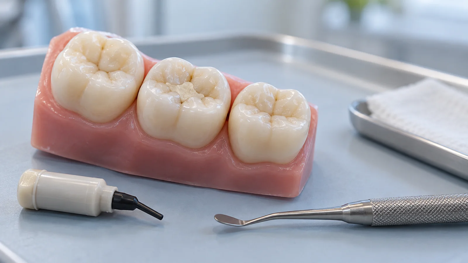 Modelo ilustrativo de molar con un pequeño empaste de resina del color del diente.