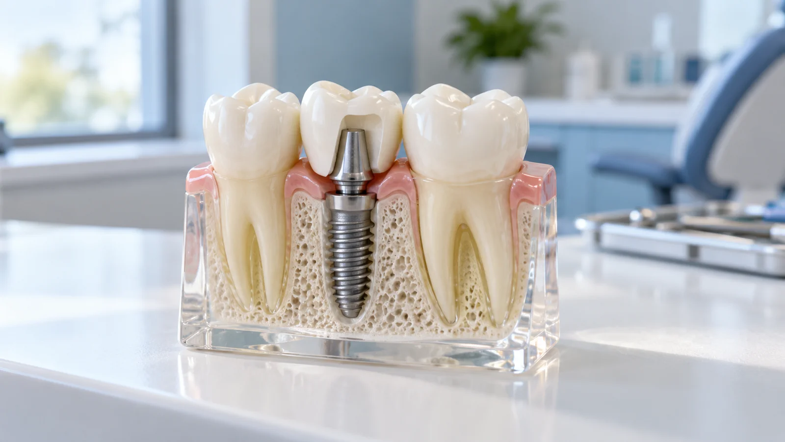Modelo ilustrativo de implante dental con su cuerpo, pilar y corona.