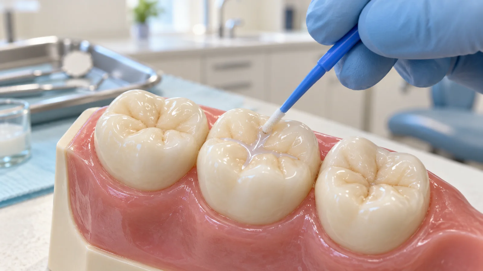 Modelo dental educativo con sellador aplicado en los surcos de masticación de un molar.