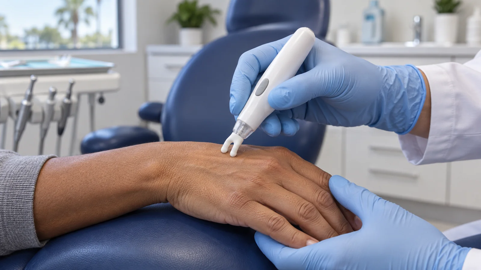 Gloved dental professional demonstrating a fork-tipped vibration comfort device on the back of an adult's hand.