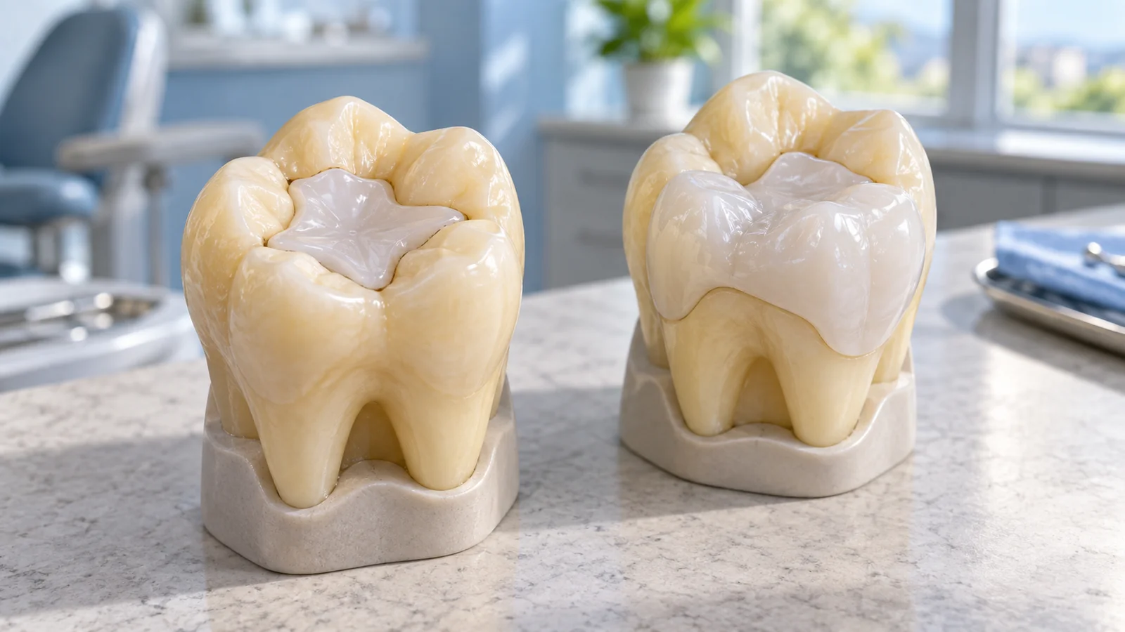 Modelos dentales ilustrativos que comparan una incrustación inlay con una onlay que cubre las cúspides.