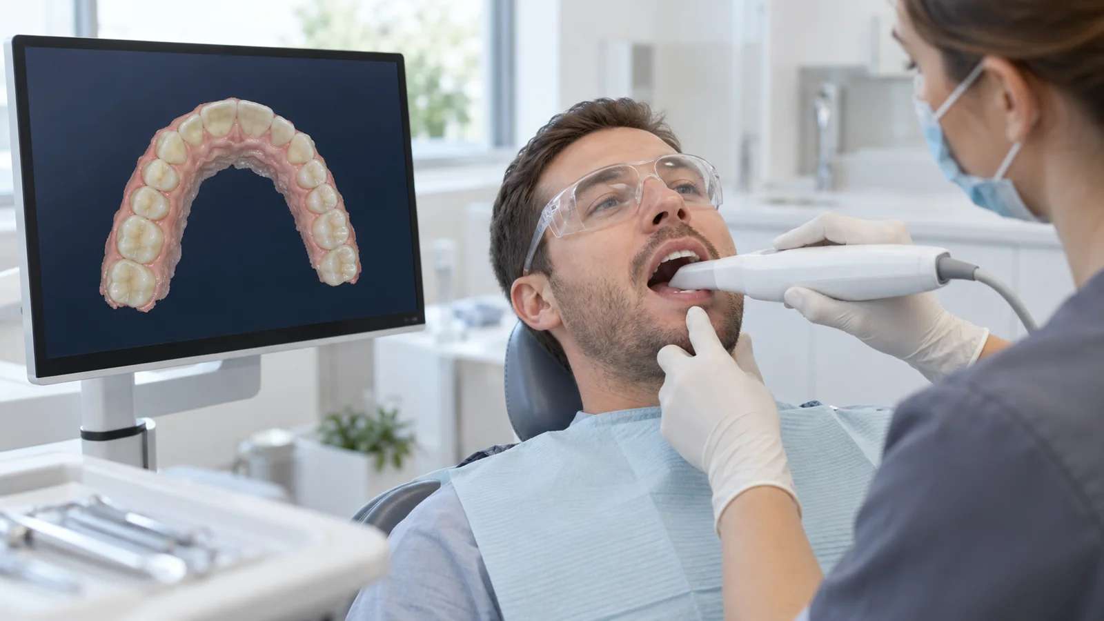 Dental professional using an intraoral scanning wand beside a monitor showing a three-dimensional upper dental arch.