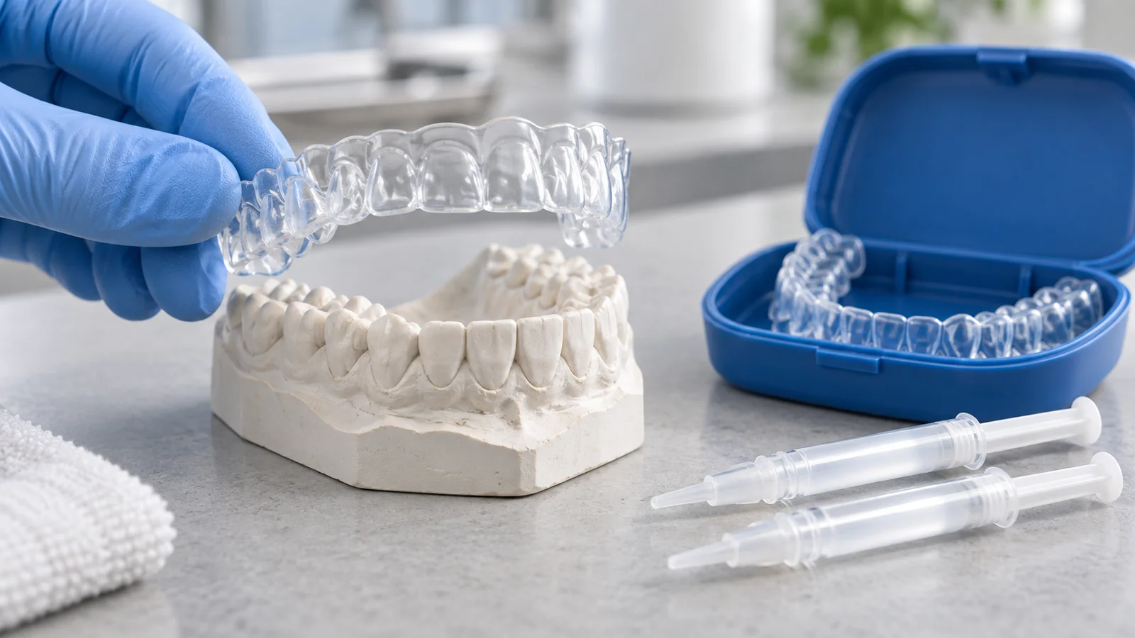 Mano con guante sostiene una cubeta de blanqueamiento personalizada sobre un modelo dental, junto a un estuche y aplicadores de gel.