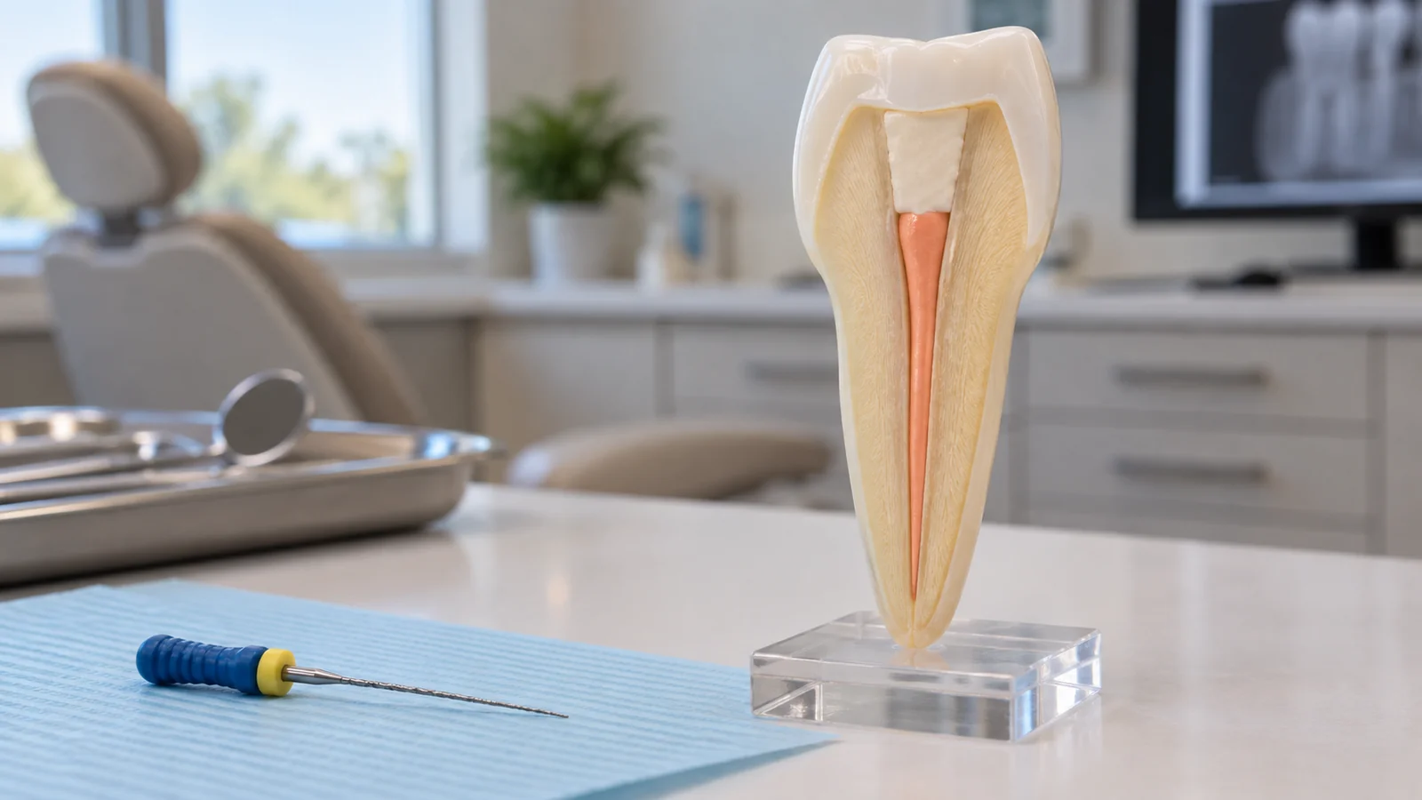 Modelo dental ilustrativo en corte con un conducto radicular obturado.