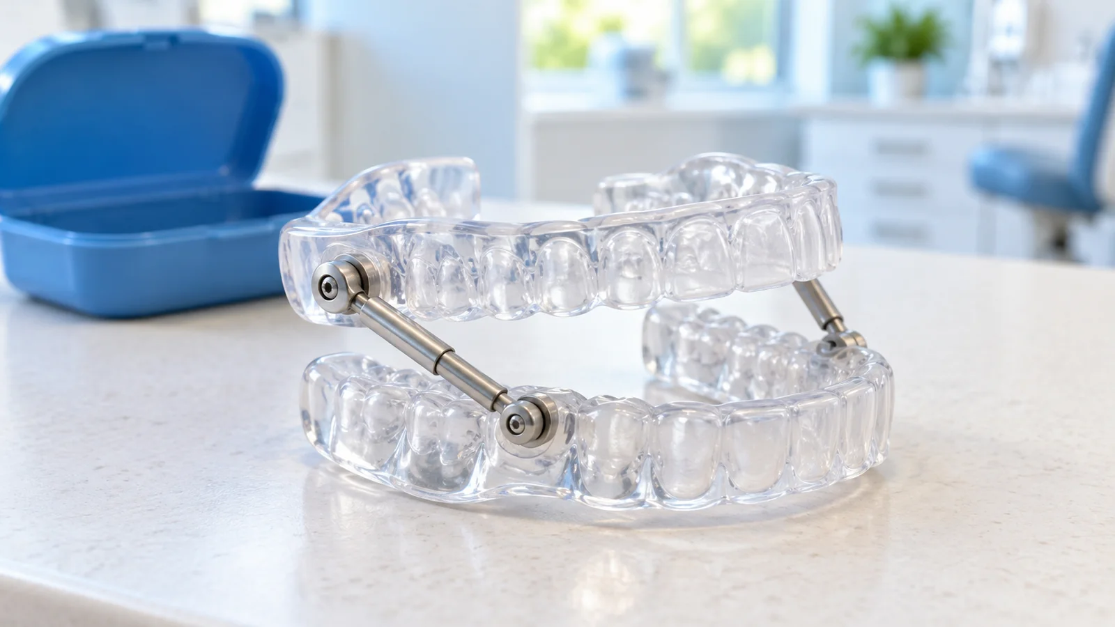 Illustrative custom oral appliance with upper and lower trays and adjustable side connectors.