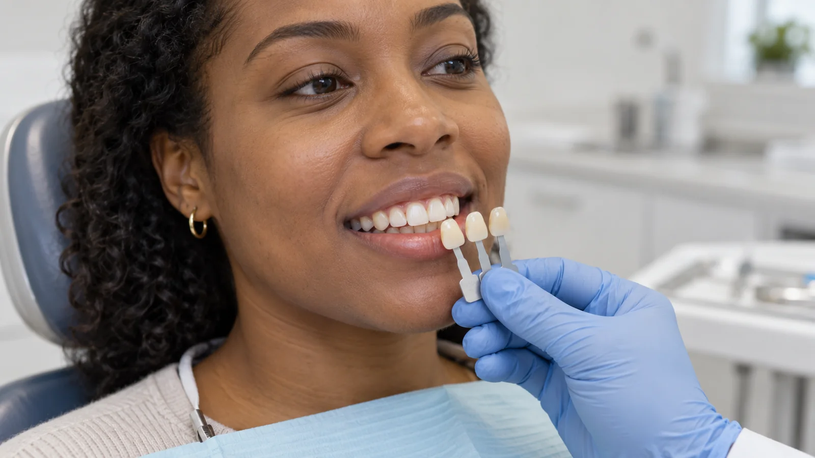 Profesional dental con guantes compara muestras de color junto a los dientes frontales naturales de un paciente.