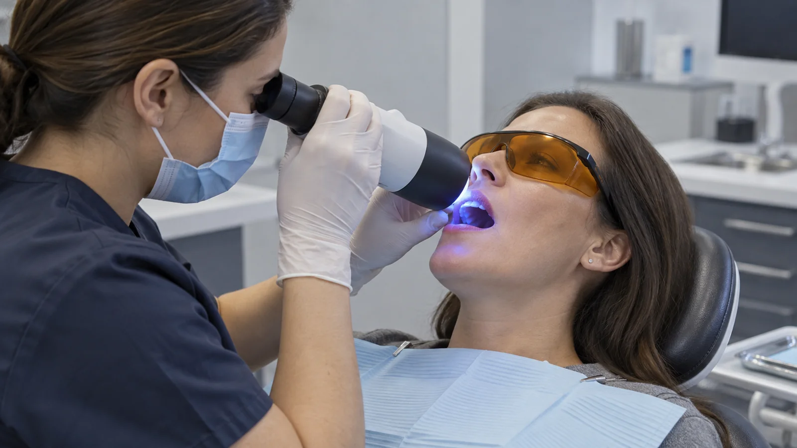 Profesional dental examina tejidos orales con un visor de luz azul mientras el paciente lleva gafas protectoras.