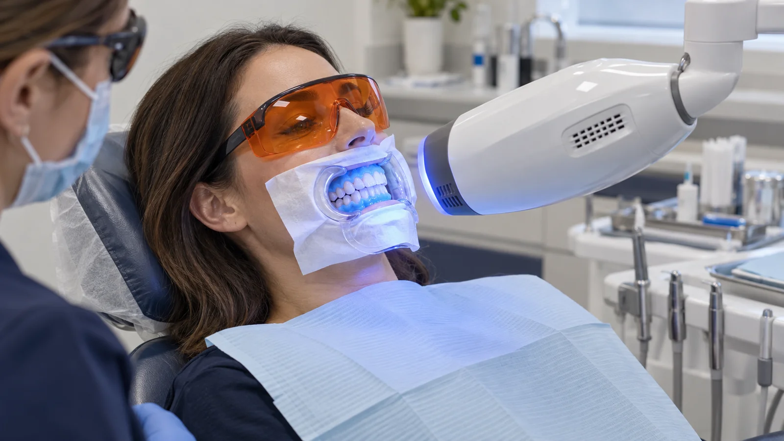 Illustration of in-office whitening with protective glasses, a cheek retractor, gum isolation and a light positioned near the teeth.