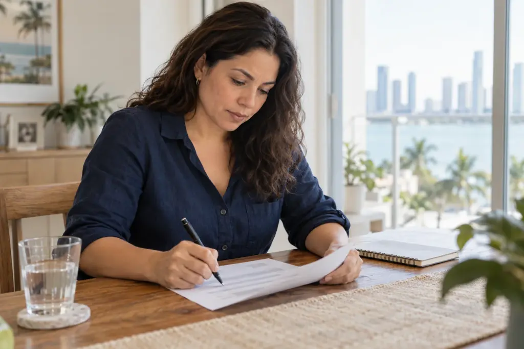 Persona adulta ficticia revisando un presupuesto escrito en una mesa de su casa.