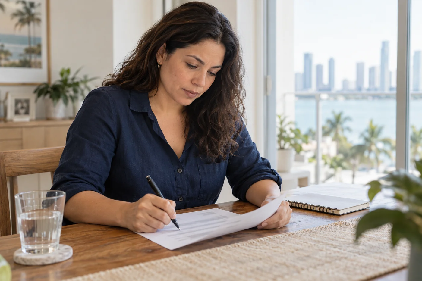 Persona adulta ficticia revisando un presupuesto escrito en una mesa de su casa.