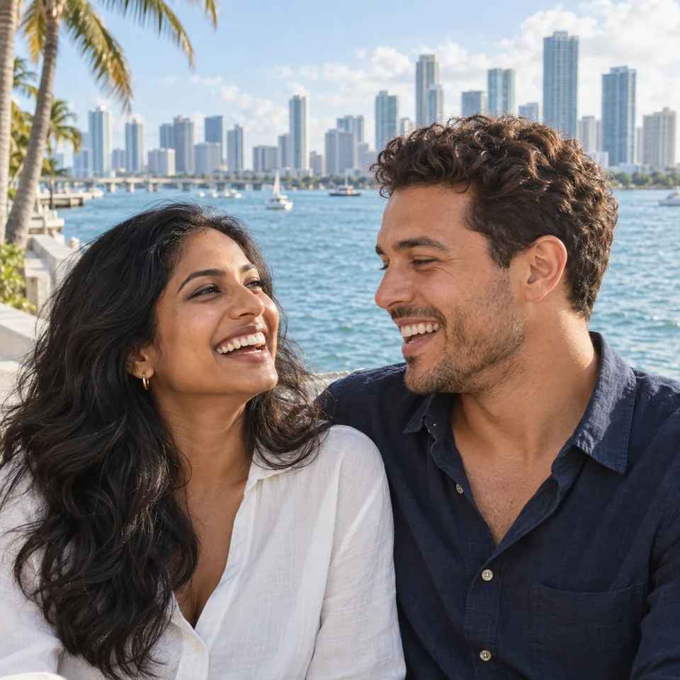 Pareja que comparte una risa junto al agua Pareja que se sonríe junto al agua azul, embarcaciones y un horizonte urbano a lo lejos.