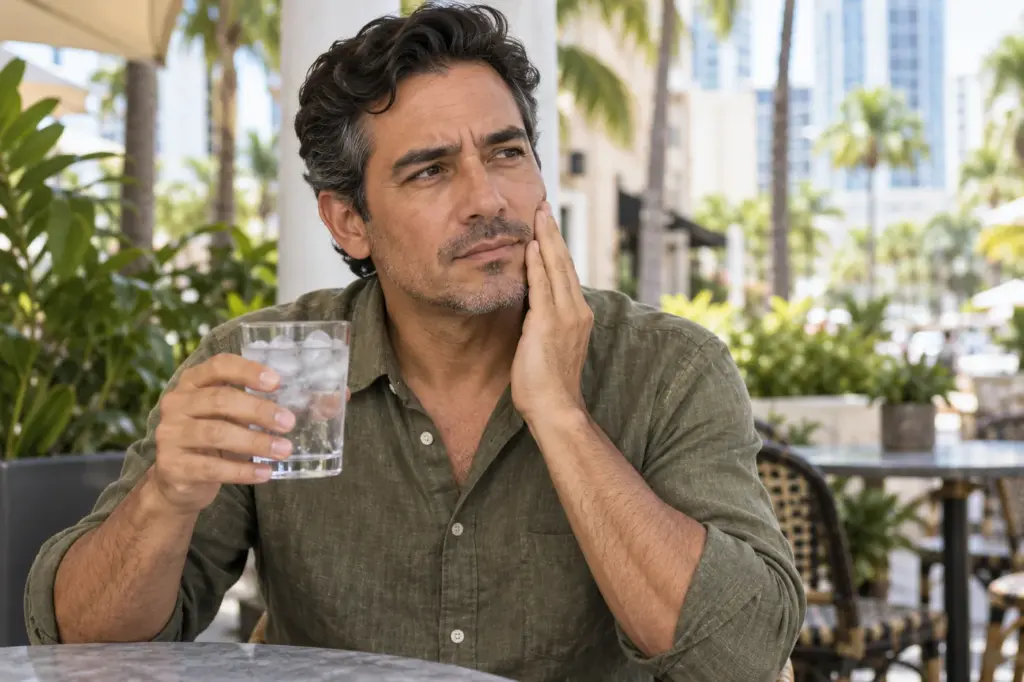 Hombre adulto ficticio sosteniendo agua fría y apoyando una mano en su mejilla.