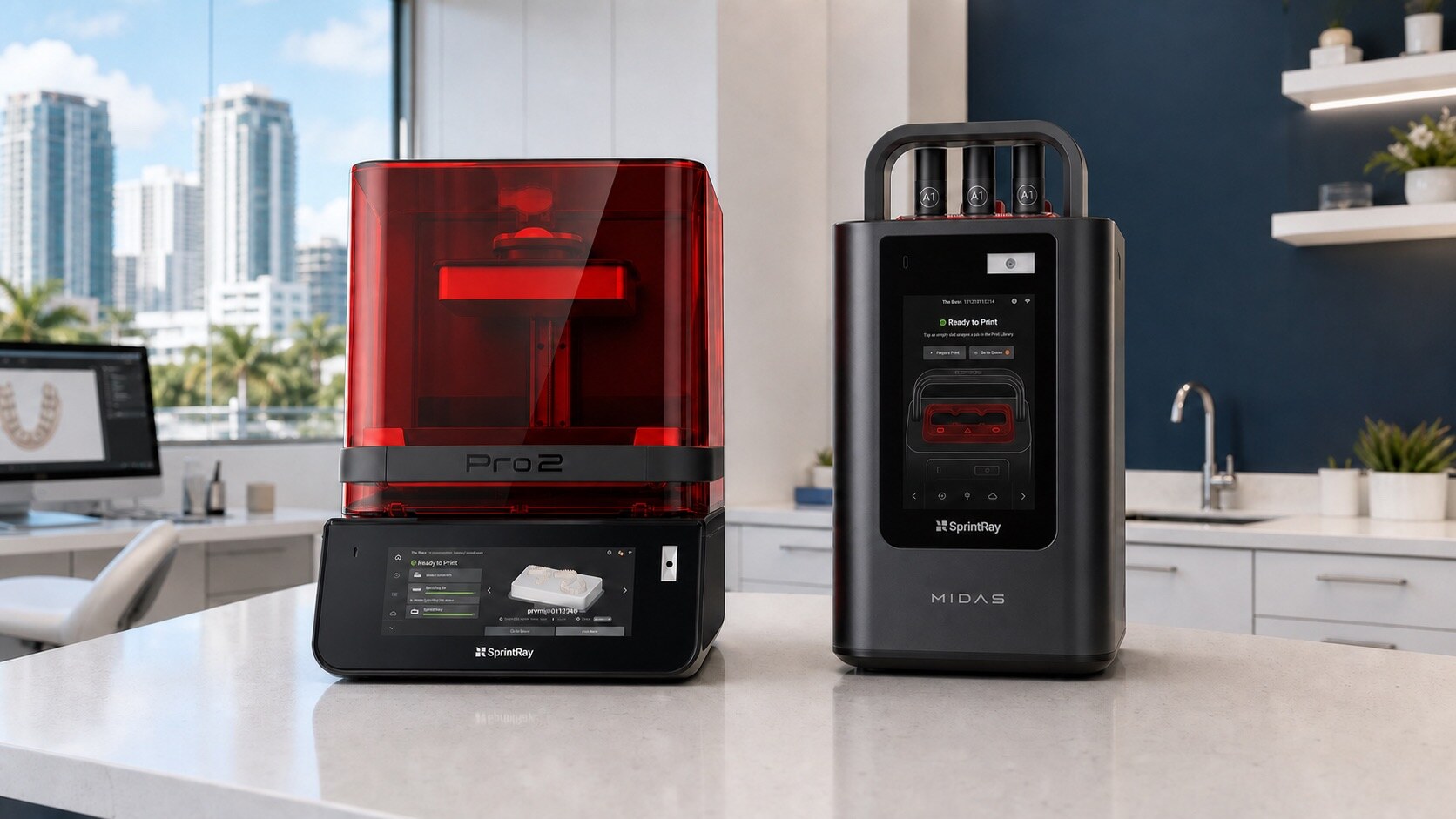 SprintRay Pro 2 and Midas dental 3D printers in a modern dental technology workspace