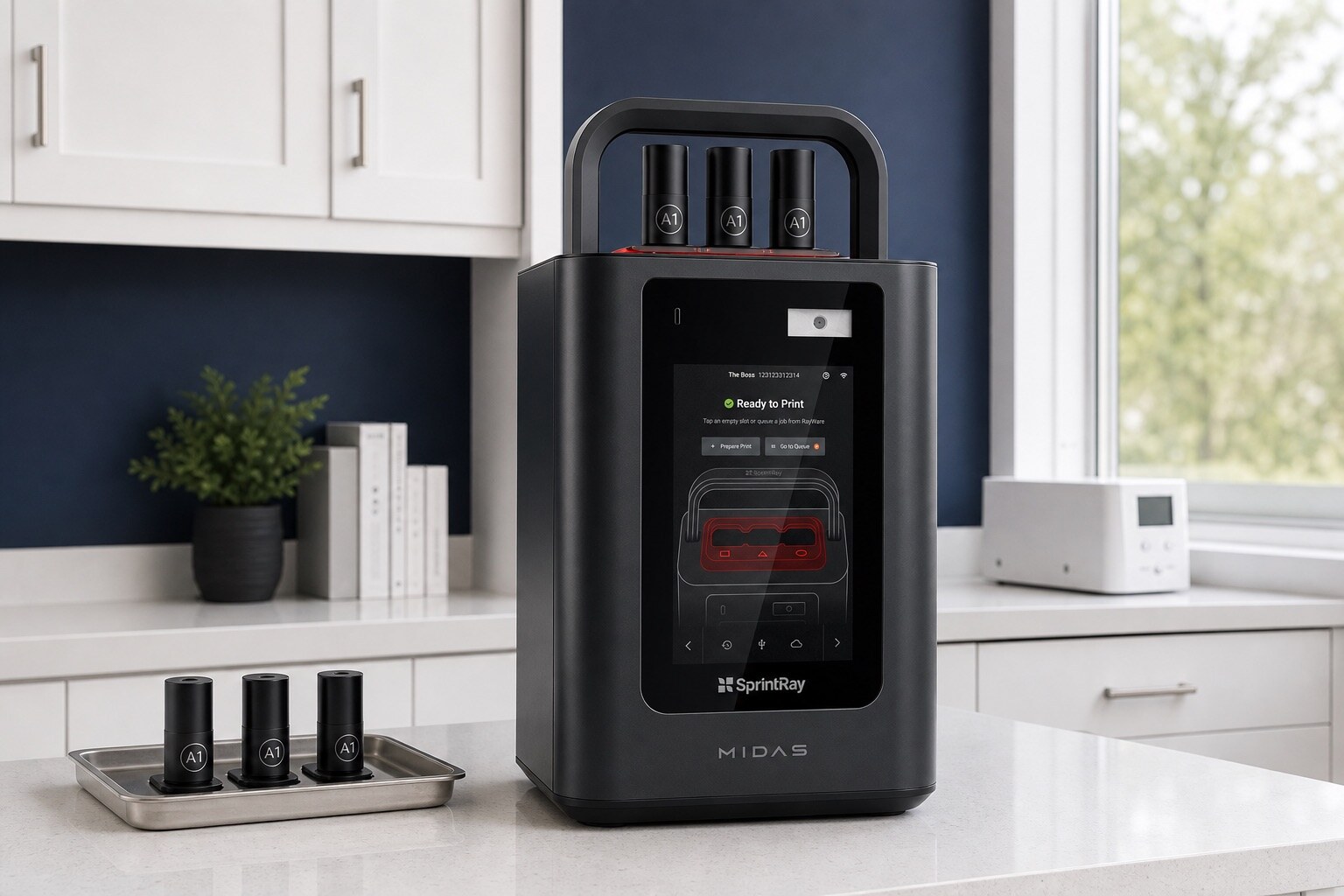 SprintRay Midas dental 3D printer with sealed print capsules in a dental workspace