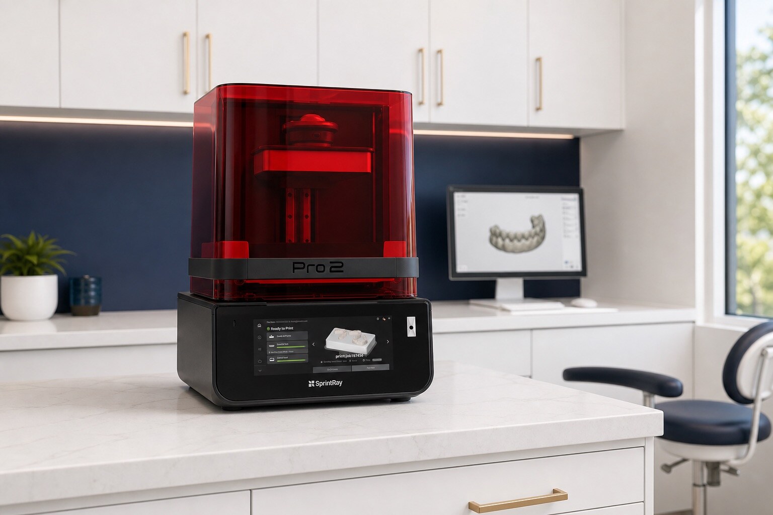 SprintRay Pro 2 dental 3D printer on a counter beside a digital dental scan